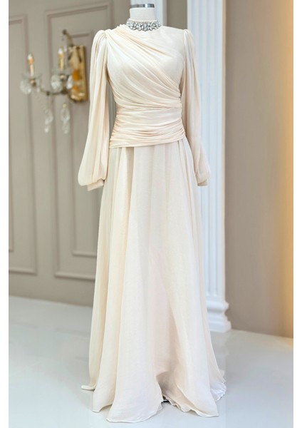 Nergis Abiye Elbise Krem