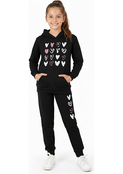 3'lü Kapüşonlu Kalp Baskı Detaylı Kanguru Cepli Kız Çocuk Eşofman Takımı fiyatları