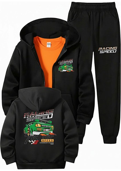 Fermuarlı Racing Araba Baskı Detaylı Kapüşonlu Erkek Çocuk Eşofman Takımı