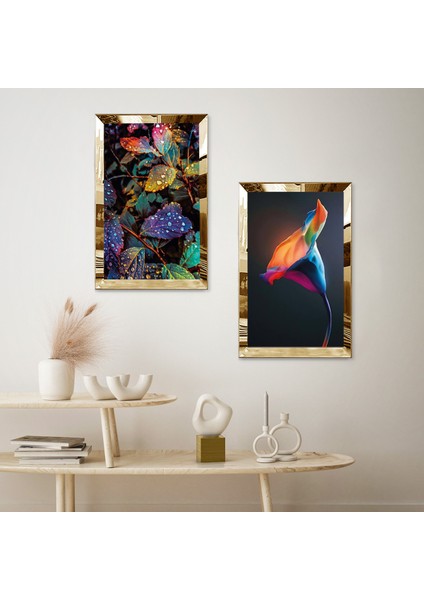 Gold Aynalı Pleksi Çerçeveli Renkli Çiçekler Soyut Ikili Mdf Tablo Seti fiyatları