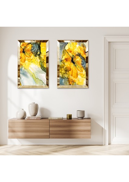 Gold Aynalı Pleksi Çerçeveli Sarı Su Damlacığı Modern Ikili Mdf Tablo Seti
