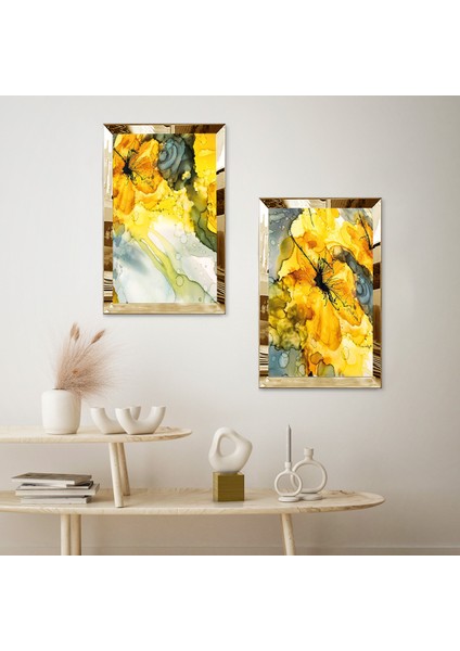 Gold Aynalı Pleksi Çerçeveli Sarı Su Damlacığı Modern Ikili Mdf Tablo Seti fiyatları