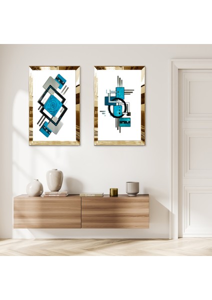 Gold Aynalı Pleksi Çerçeveli Beya Arka Planlı Mavi Soyut Desenler Ikili Mdf Tablo Seti