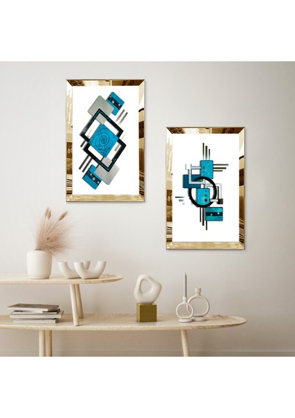 Gold Aynalı Pleksi Çerçeveli Beya Arka Planlı Mavi Soyut Desenler Ikili Mdf Tablo Seti fiyatları