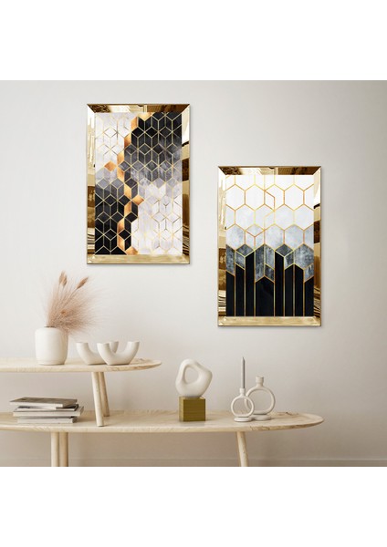 Gold Aynalı Pleksi Çerçeveli Renkli Soyut Desenler Modern Ikili Mdf Tablo Seti fiyatları