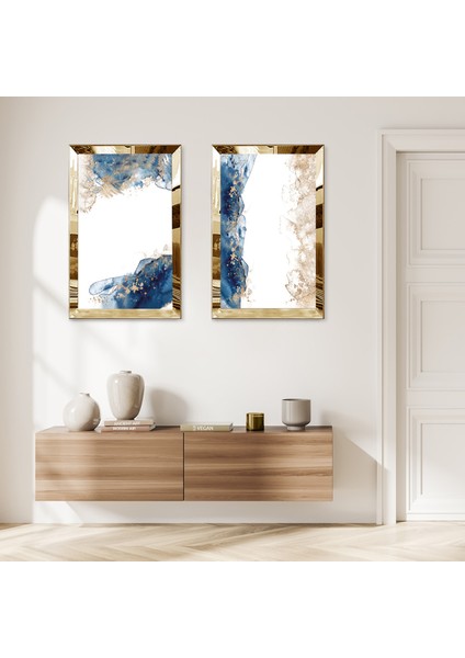 Gold Aynalı Pleksi Çerçeveli Beyaz Arka Planlı Soyut Mavi Şekiller Ikili Mdf Tablo Seti