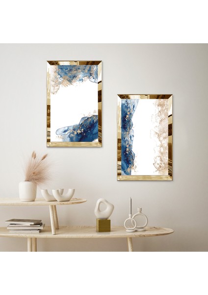 Gold Aynalı Pleksi Çerçeveli Beyaz Arka Planlı Soyut Mavi Şekiller Ikili Mdf Tablo Seti fiyatları