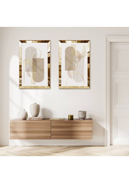 Gold Aynalı Pleksi Çerçeveli Beyaz Arka Planlı Modern Soyut Şekiller Dekoratif Ikili Mdf Tablo Seti