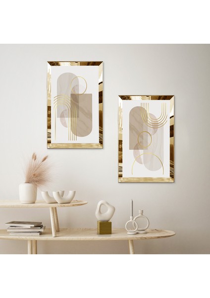 Gold Aynalı Pleksi Çerçeveli Beyaz Arka Planlı Modern Soyut Şekiller Dekoratif Ikili Mdf Tablo Seti fiyatları