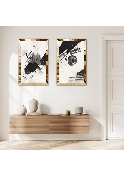 Gold Aynalı Pleksi Çerçeveli Beyaz Arka Planlı Siyah Fırça Izleri Ikili Mdf Tablo Seti