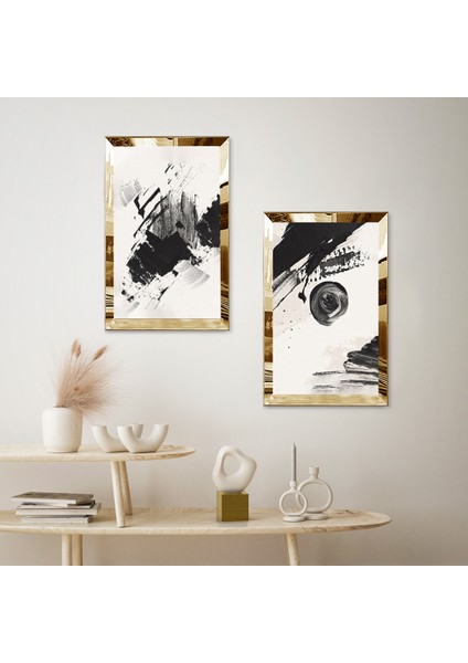 Gold Aynalı Pleksi Çerçeveli Beyaz Arka Planlı Siyah Fırça Izleri Ikili Mdf Tablo Seti fiyatları