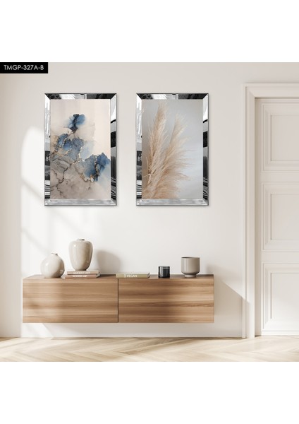 Gümüş Aynalı Pleksi Çerçeveli Çiçek Desenli Ikili Mdf Tablo Seti