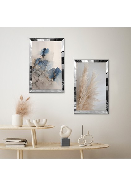 Gümüş Aynalı Pleksi Çerçeveli Çiçek Desenli Ikili Mdf Tablo Seti fiyatları
