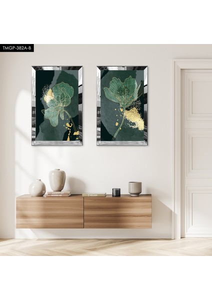 Gümüş Aynalı Pleksi Çerçeveli Yeşil Soyut Dekoratif Gül Ikili Mdf Tablo Seti