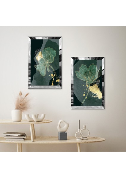Gümüş Aynalı Pleksi Çerçeveli Yeşil Soyut Dekoratif Gül Ikili Mdf Tablo Seti fiyatları