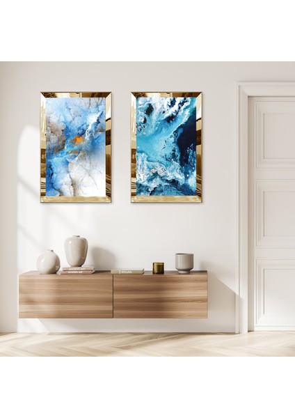 Gold Aynalı Pleksi Çerçeveli Mavi Modern Dalgalar Ikili Mdf Tablo Seti