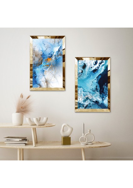 Gold Aynalı Pleksi Çerçeveli Mavi Modern Dalgalar Ikili Mdf Tablo Seti fiyatları