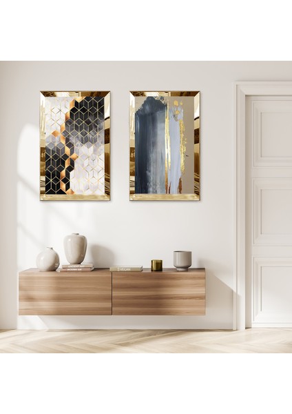 Gold Aynalı Pleksi Çerçeveli Renkli Desenler Dekoratif Ikili Mdf Tablo Seti