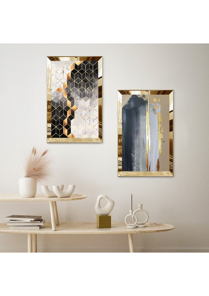 Gold Aynalı Pleksi Çerçeveli Renkli Desenler Dekoratif Ikili Mdf Tablo Seti fiyatları