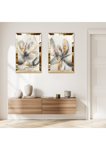 Gold Aynalı Pleksi Çerçeveli Beyaz Soyut Çiçekler Dekoratif Ikili Mdf Tablo Seti