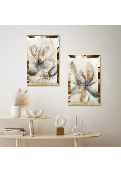 Gold Aynalı Pleksi Çerçeveli Beyaz Soyut Çiçekler Dekoratif Ikili Mdf Tablo Seti fiyatları