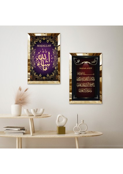 Gold Aynalı Pleksi Çerçeveli Mor Arka Planlı Maşallah ve Nazar Ayeti Dini Ikili Mdf Tablo Seti fiyatları