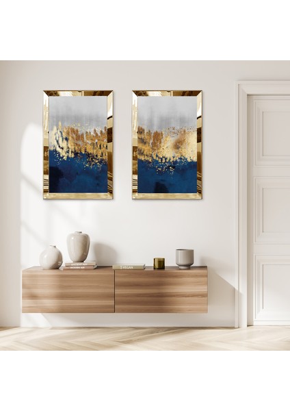 Gold Aynalı Pleksi Çerçeveli Mavi Gold ve Beyaz Arka Planlı Modern Ikili Mdf Tablo Seti