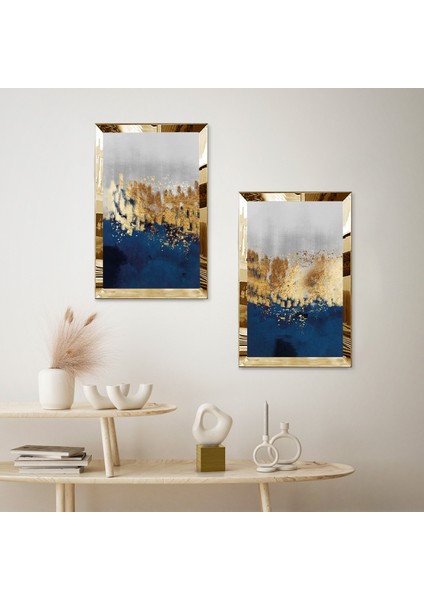 Gold Aynalı Pleksi Çerçeveli Mavi Gold ve Beyaz Arka Planlı Modern Ikili Mdf Tablo Seti fiyatları