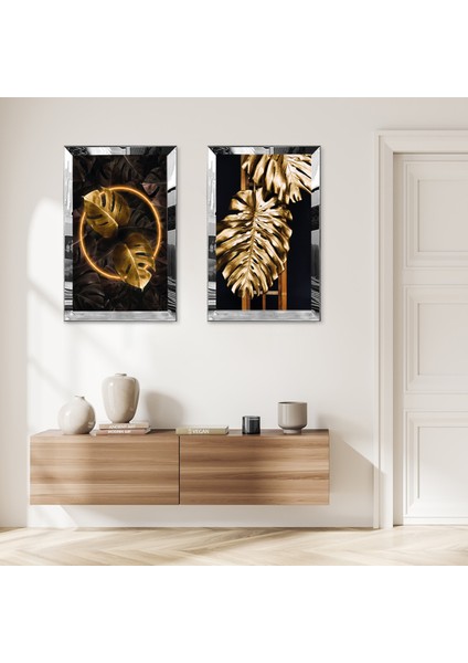 Gümüş Aynalı Pleksi Çerçeveli Siyah Arka Planlı Gold Yapraklar Ikili Mdf Tablo Seti