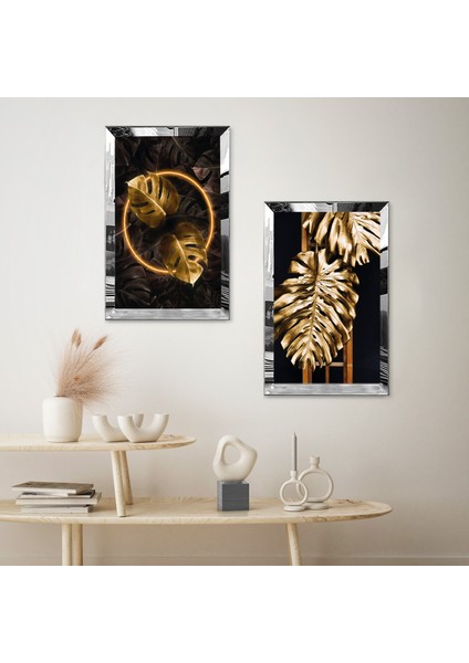 Gümüş Aynalı Pleksi Çerçeveli Siyah Arka Planlı Gold Yapraklar Ikili Mdf Tablo Seti fiyatları