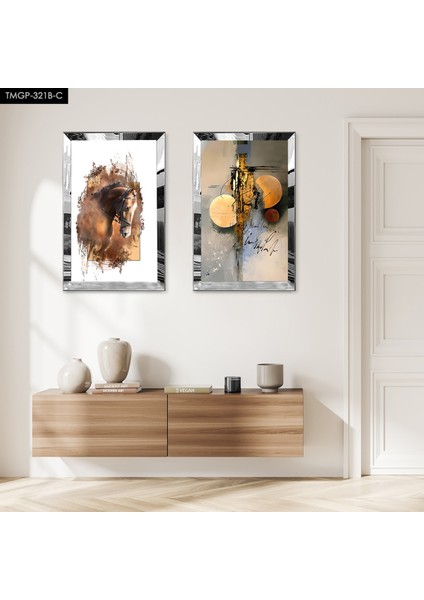 Gümüş Aynalı Pleksi Çerçeveli Beyaz Arka Planlı Modern Soyut Çizim Tablo Ikili Mdf Tablo Seti