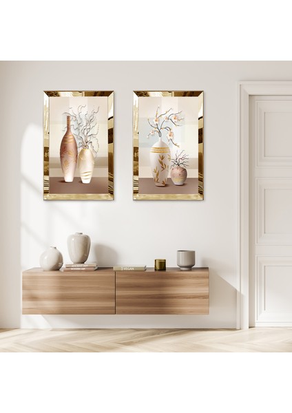 Gold Aynalı Pleksi Çerçeveli Krem Rengi Vazolar Ikili Mdf Tablo Seti
