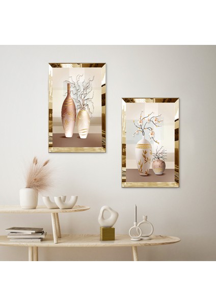 Gold Aynalı Pleksi Çerçeveli Krem Rengi Vazolar Ikili Mdf Tablo Seti fiyatları