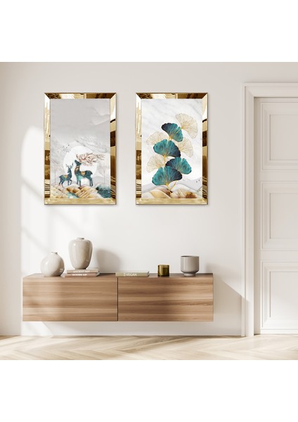 Gold Aynalı Pleksi Çerçeveli Soyut Bitki ve Geğik Modern Ikili Mdf Tablo Seti