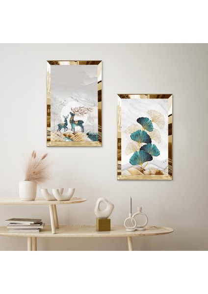 Gold Aynalı Pleksi Çerçeveli Soyut Bitki ve Geğik Modern Ikili Mdf Tablo Seti fiyatları