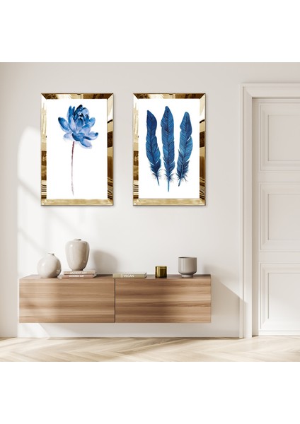 Gold Aynalı Pleksi Çerçeveli Beyaz Arka Planlı Mavi Çiçek ve Mavi Tüyler Ikili Mdf Tablo Seti