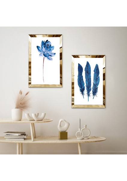 Gold Aynalı Pleksi Çerçeveli Beyaz Arka Planlı Mavi Çiçek ve Mavi Tüyler Ikili Mdf Tablo Seti fiyatları