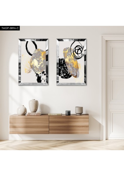Gümüş Aynalı Pleksi Çerçeveli Gold ve Gri Şekiller Dekoratif Soyut Şekiller Ikili Mdf Tablo Seti