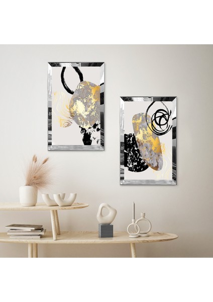 Gümüş Aynalı Pleksi Çerçeveli Gold ve Gri Şekiller Dekoratif Soyut Şekiller Ikili Mdf Tablo Seti fiyatları