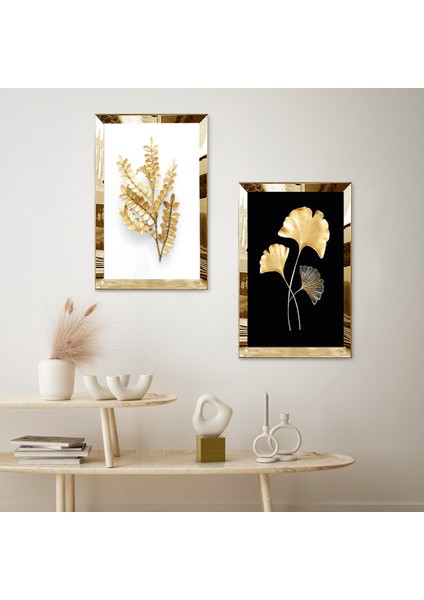 Gold Aynalı Pleksi Çerçeveli Siyah Beyaz Arka Planlı Gold Çiçek Ikili Mdf Tablo Seti fiyatları