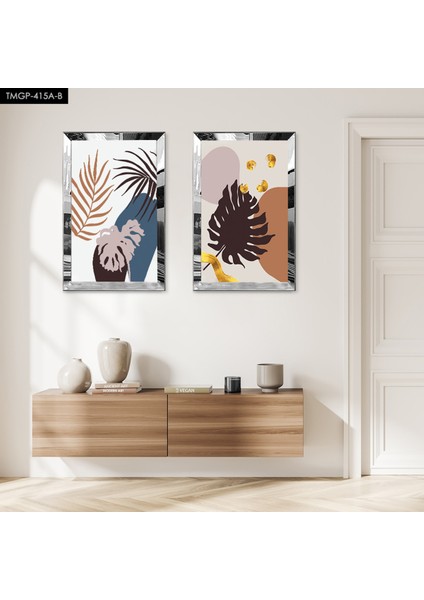 Gümüş Aynalı Pleksi Çerçeveli Beyaz Arka Planlı Dekoratif Soyut Bitki Ikili Mdf Tablo Seti