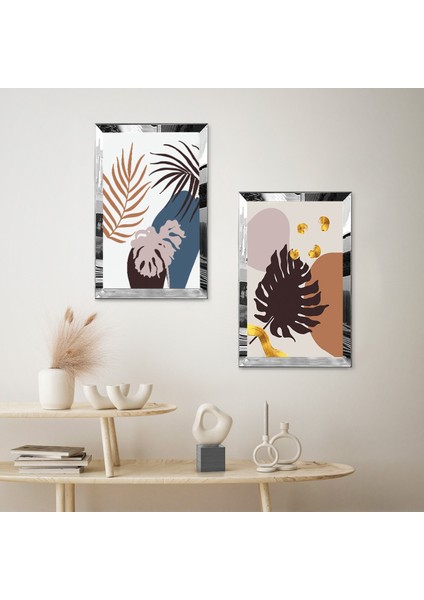 Gümüş Aynalı Pleksi Çerçeveli Beyaz Arka Planlı Dekoratif Soyut Bitki Ikili Mdf Tablo Seti fiyatları