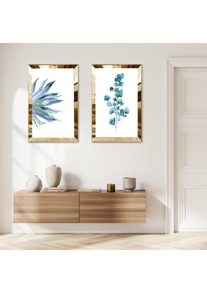 Gold Aynalı Pleksi Çerçeveli Beyaz Arka Planlı Mavi Modern Çiçek Ikili Mdf Tablo Seti