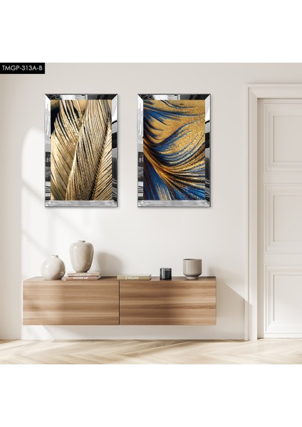 Gümüş Aynalı Pleksi Çerçeveli Gold Püskürtmeli Modern Ikili Mdf Tablo Seti
