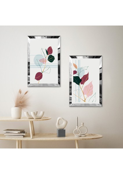 Gümüş Aynalı Pleksi Çerçeveli Beyaz Arka Planlı Pembe Çiçekler Ikili Mdf Tablo Seti fiyatları