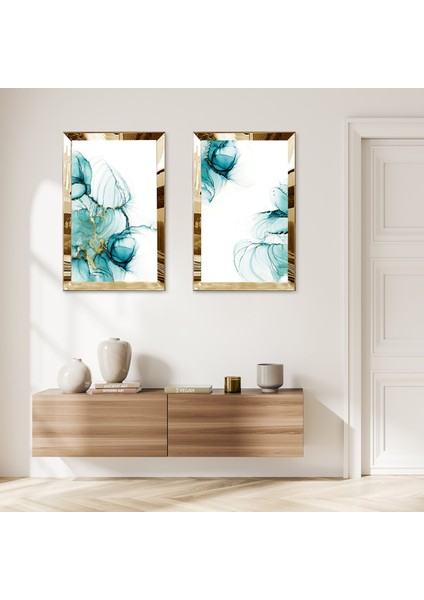 Gold Aynalı Pleksi Çerçeveli Beyaz Arka Planlı Modern Su Yeşili Soyut Desenli Ikili Mdf Tablo Seti
