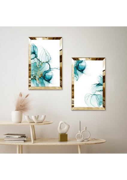 Gold Aynalı Pleksi Çerçeveli Beyaz Arka Planlı Modern Su Yeşili Soyut Desenli Ikili Mdf Tablo Seti fiyatları