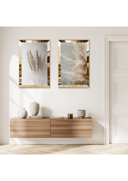 Gold Aynalı Pleksi Çerçeveli Gri Arka Planlı Kurutulmuş Çiçekler Ikili Mdf Tablo Seti