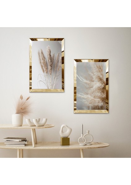 Gold Aynalı Pleksi Çerçeveli Gri Arka Planlı Kurutulmuş Çiçekler Ikili Mdf Tablo Seti fiyatları