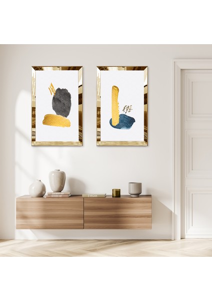 Gold Aynalı Pleksi Çerçeveli Beyaz Arka Planlı Soyut Şekiller Modern Ikili Mdf Tablo Seti